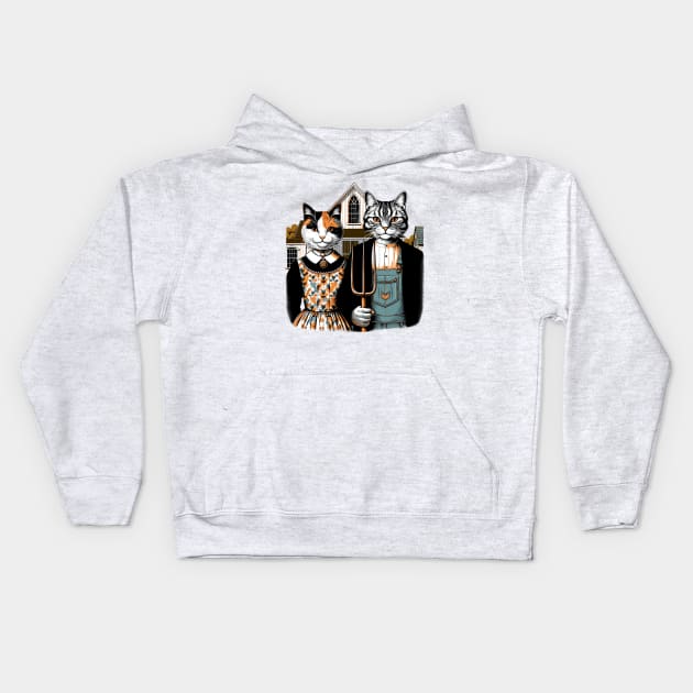 Retro American Gothic Cat Mom Cat Dad Gifts Funny Cat Kids Hoodie by KsuAnn